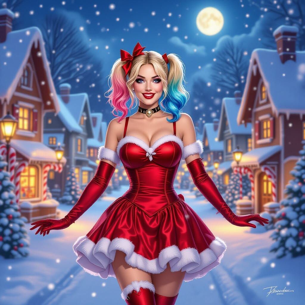 Harley Quinn in Festive Village Square at Dusk