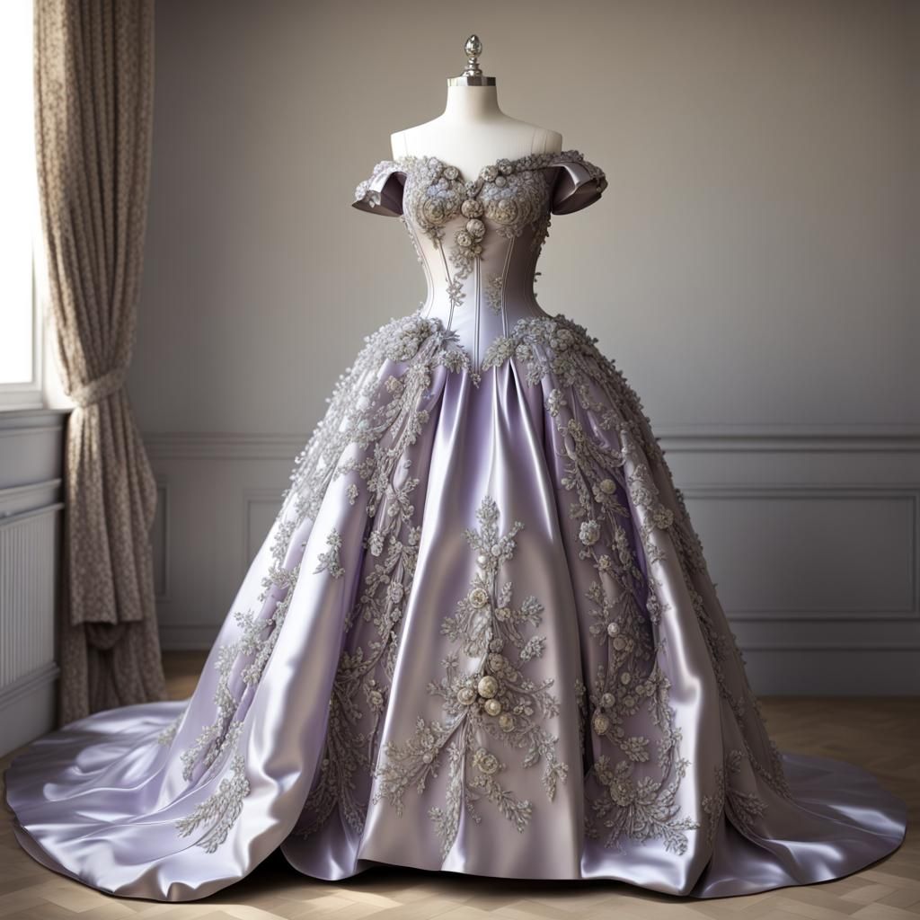 Silver Rococo Dress on Dress Form with Crystals