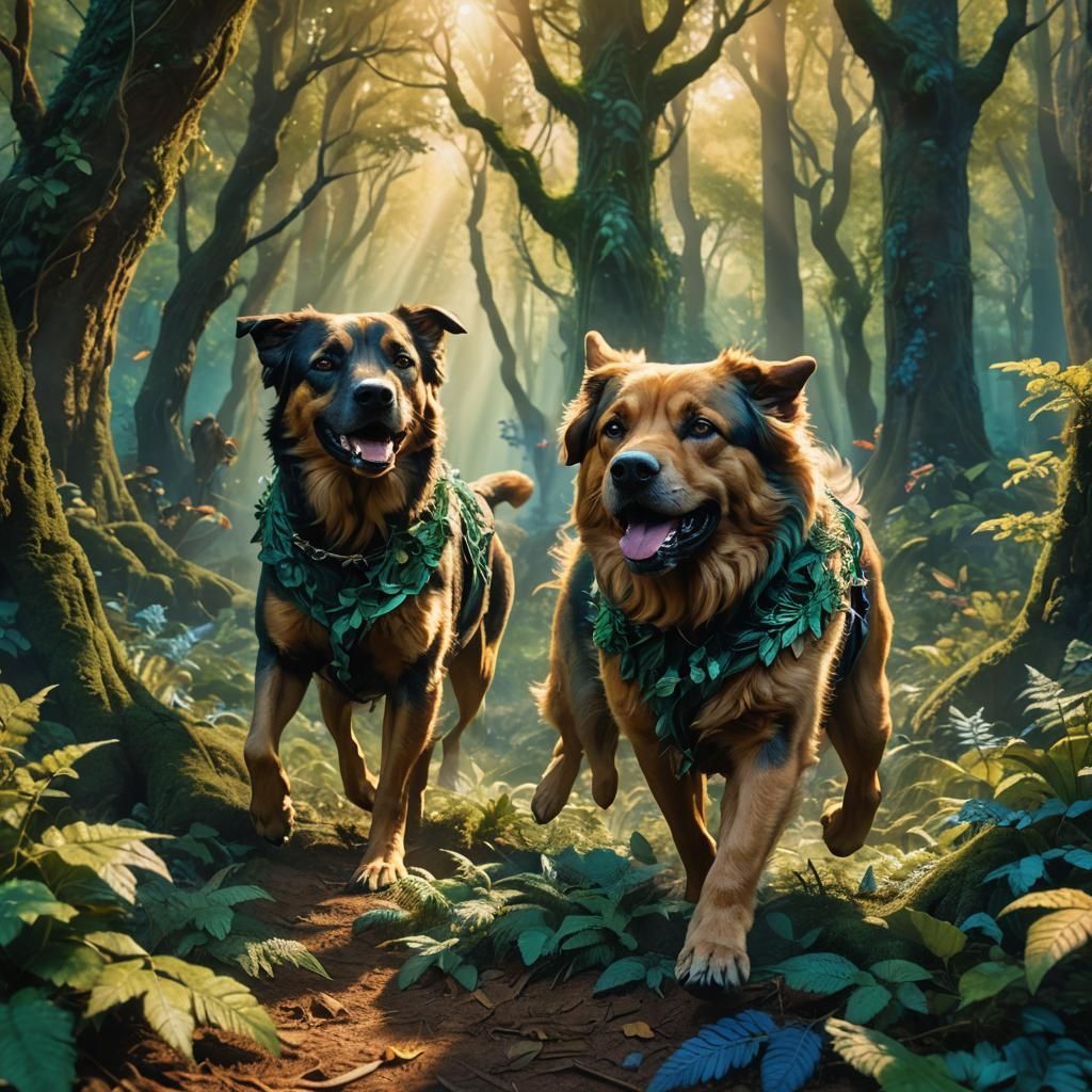 Mystical Forest: Two Strong Dogs in Motion