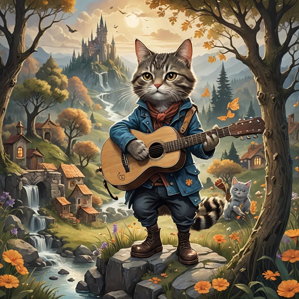 Magical Cat in Boots Plays Guitar in Fairytale