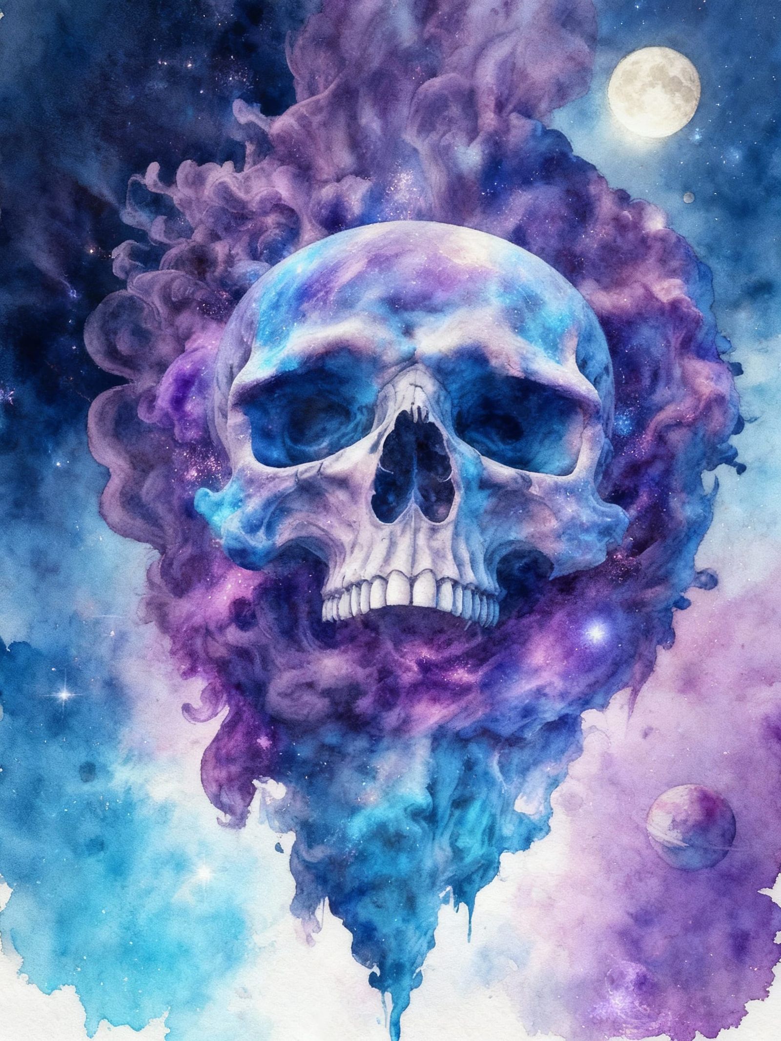Celestial Skull Nebula Watercolor Painting