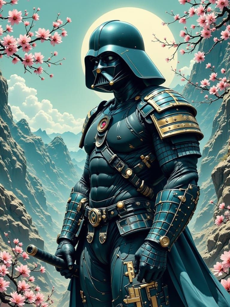 Teal Samurai Darth Vader in Dynamic Ink Drawing Style