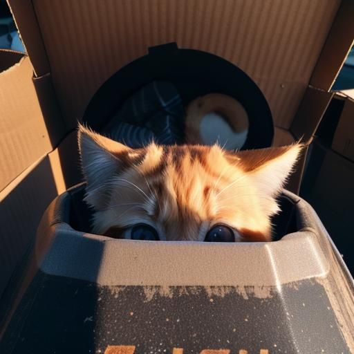 Chibi Cat Hiding: Hyperrealistic Top-Down View