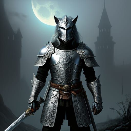 Feline Knight in Regal Plate Mail Armor Wields Greatsword