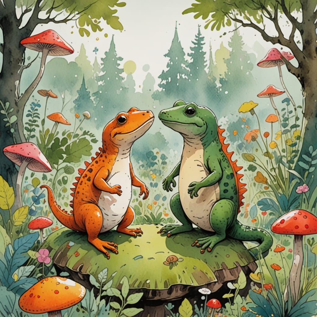 Whimsical Newt Couple in Enchanted Forest