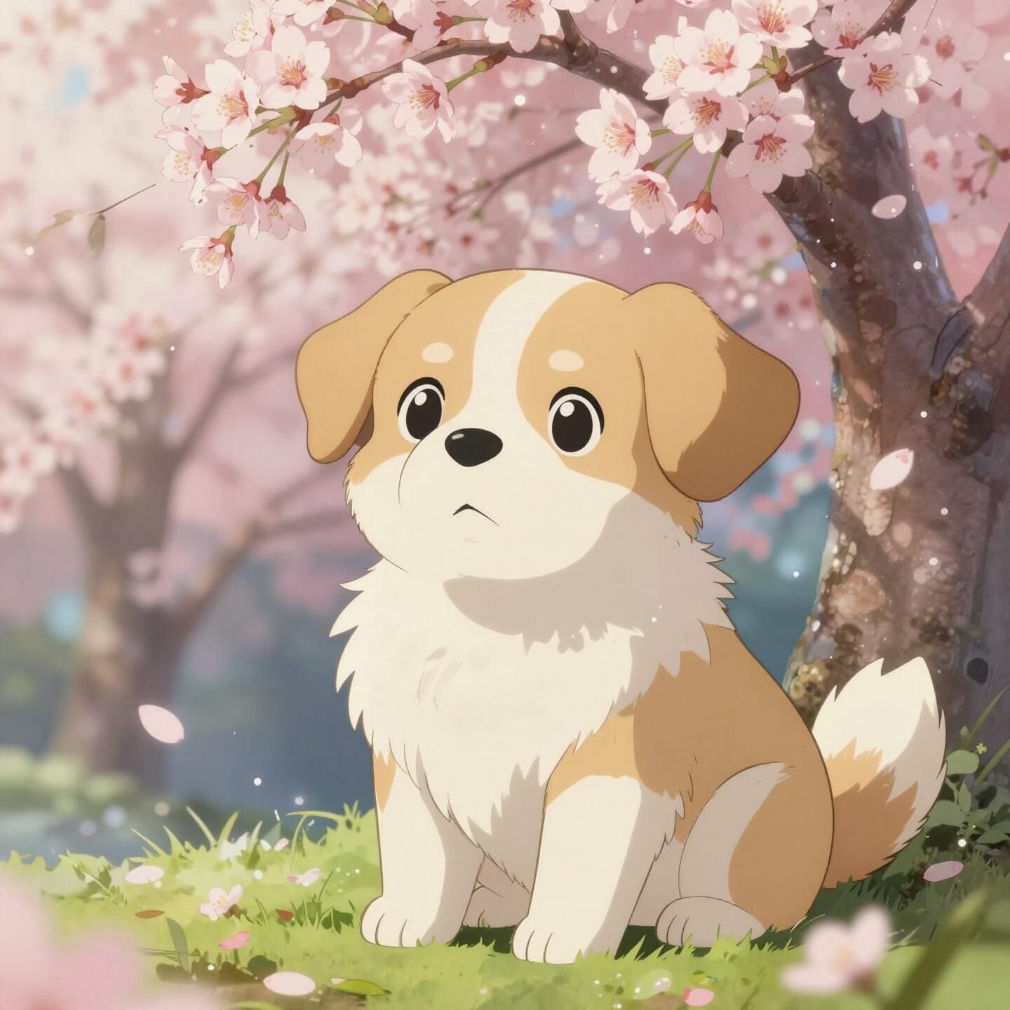 Cute Anime Puppy in Cherry Blossom Shower