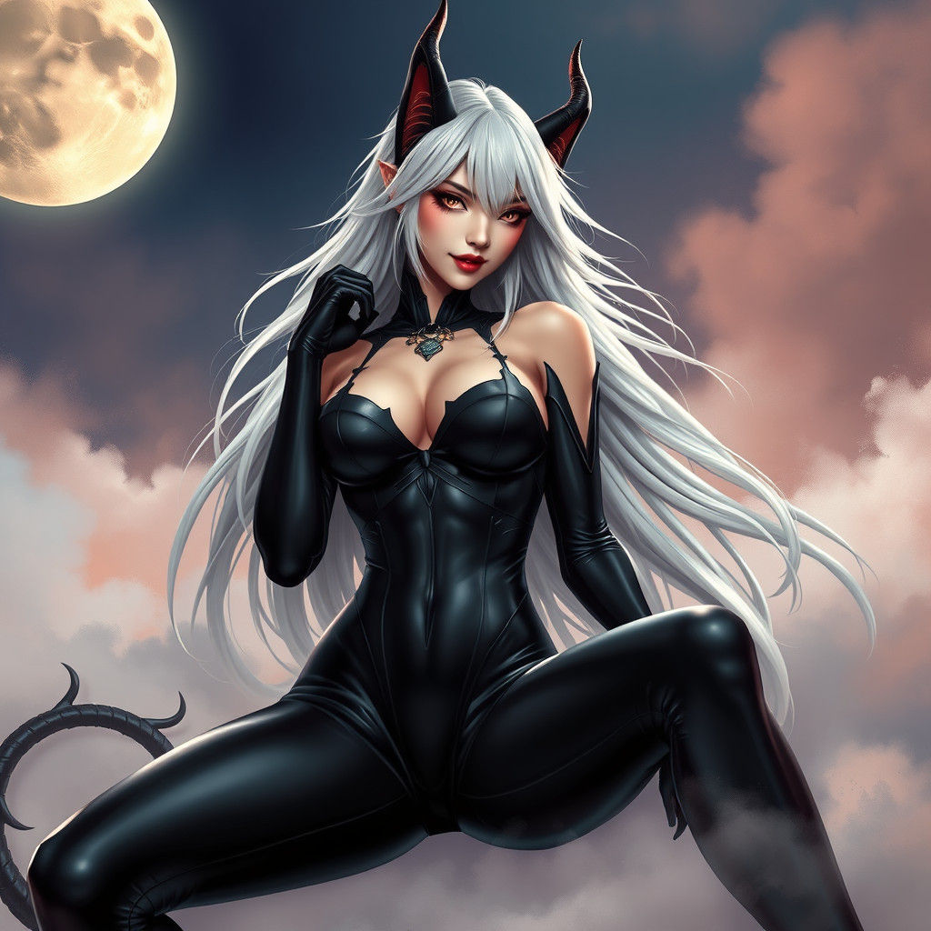 Hyperrealistic Demon Woman in Black Latex Catsuit