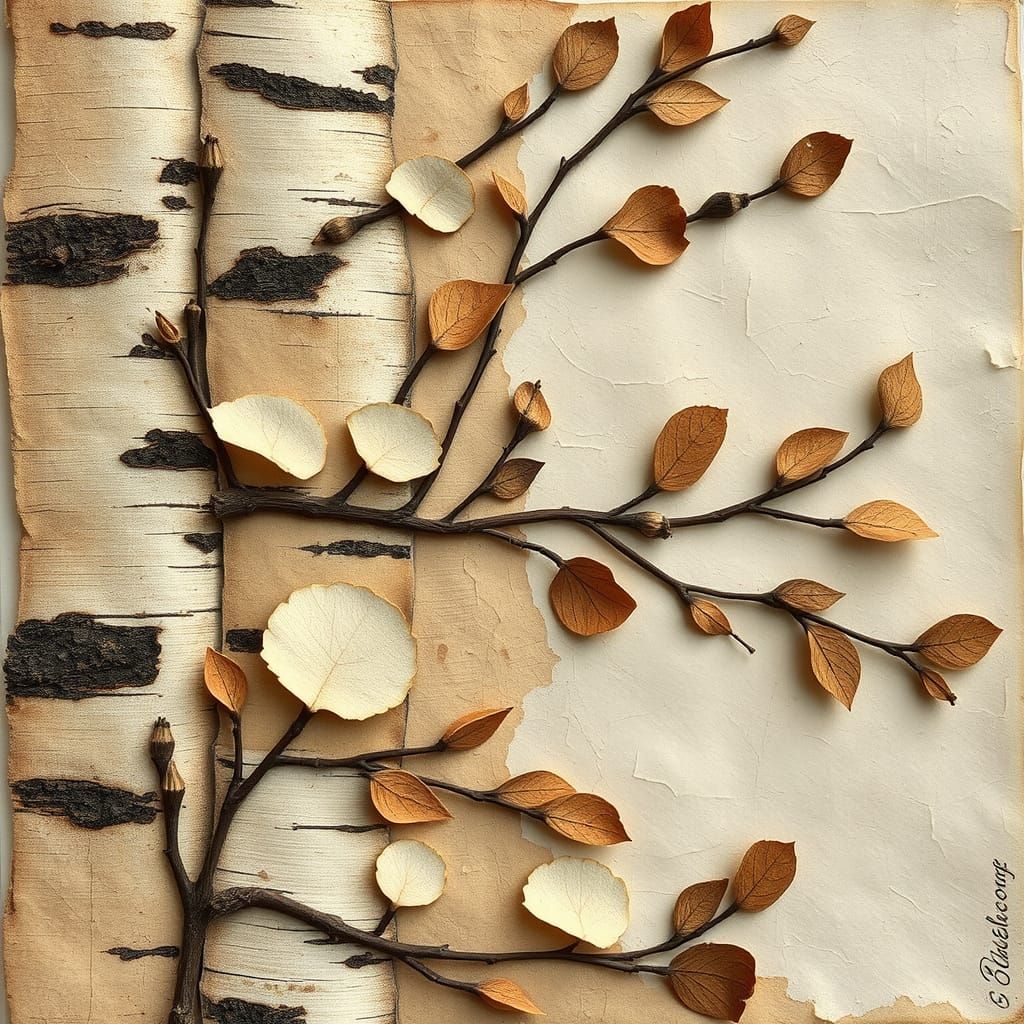 Earthy Birch Bark Collage in Whimsical Botanical Style