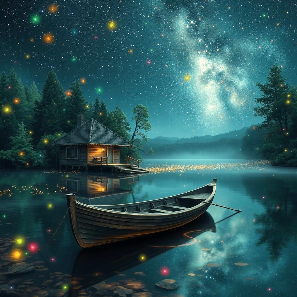 Luminous Fireflies Illuminate a Cosmic Lakeside Scene