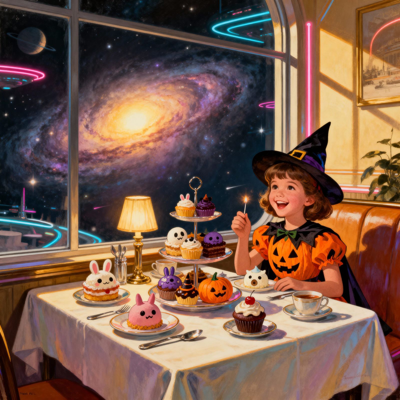 Retro-Futuristic Halloween Poster With Girl and Cosmic Cafe