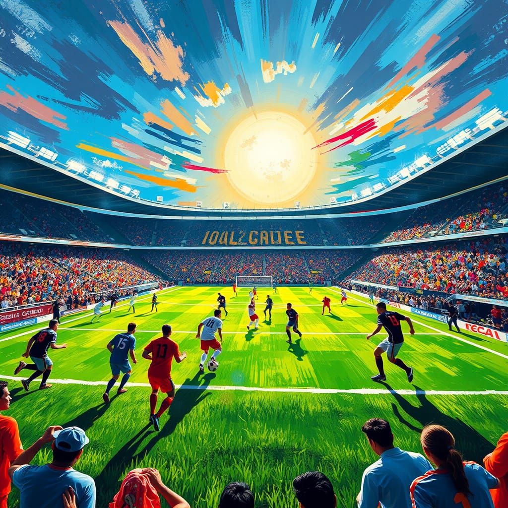 Vibrant Soccer Stadium Scene in Expressive Brushstrokes