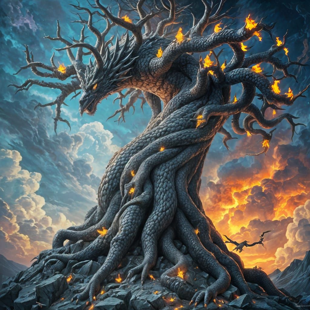 Ancient Dragon Trees in Splendid Oil Painting