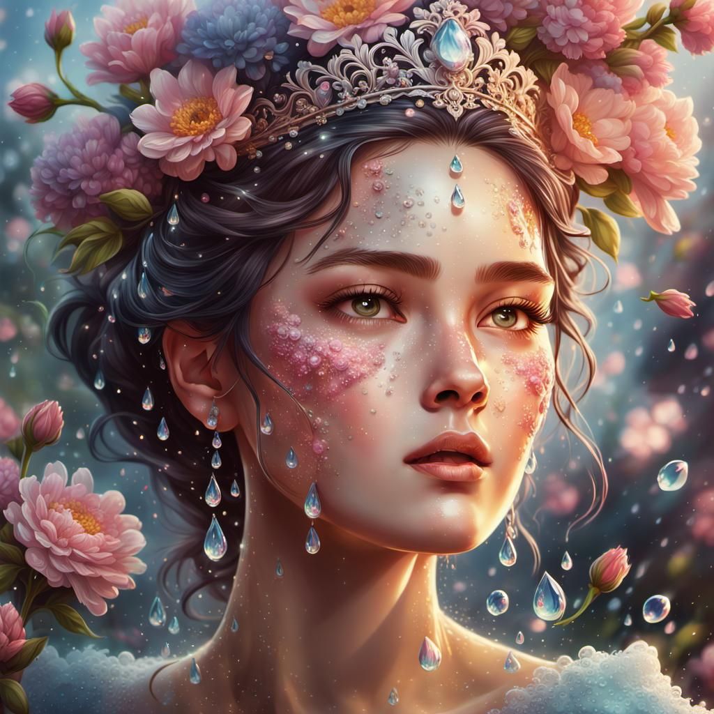 Detailed Princess Surrounded by Flowers in Windy Scene