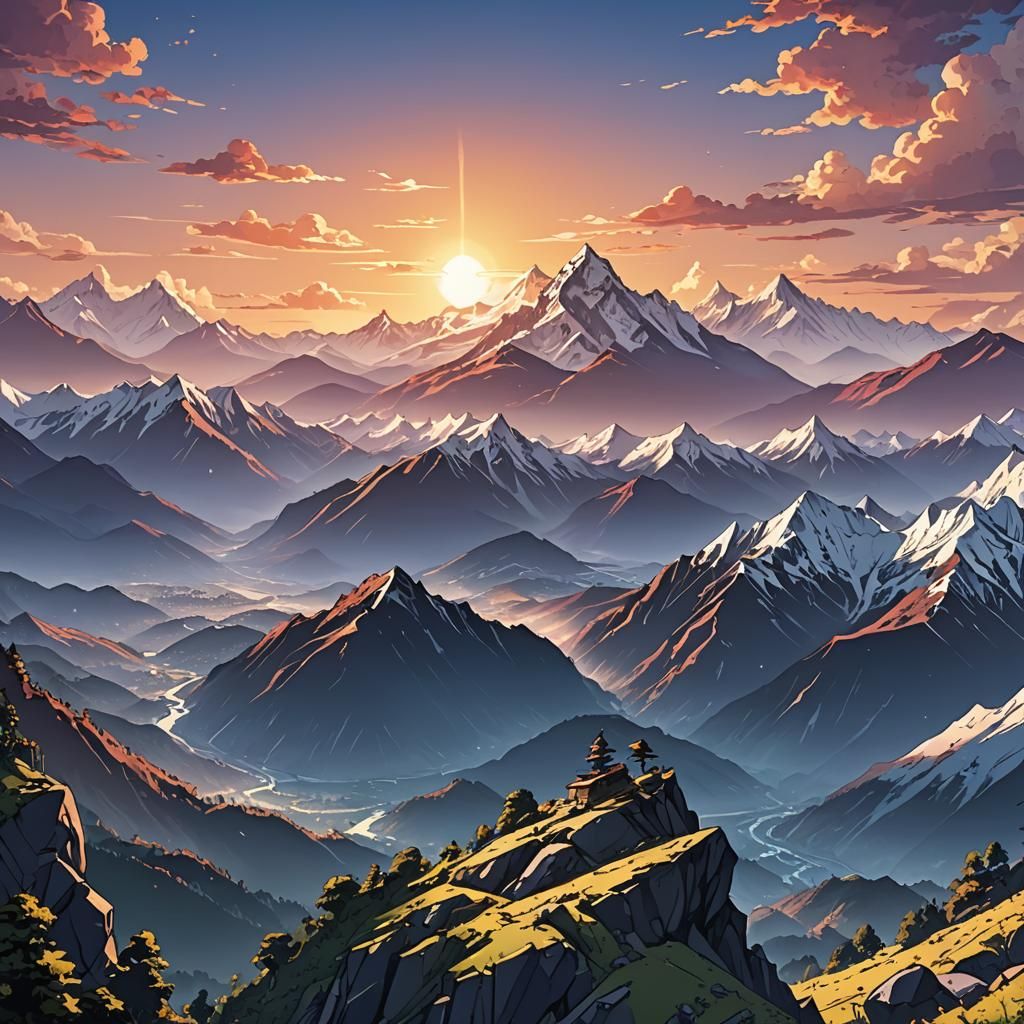 Himalaya Sunrise: Anime Style Cel-Shaded Art