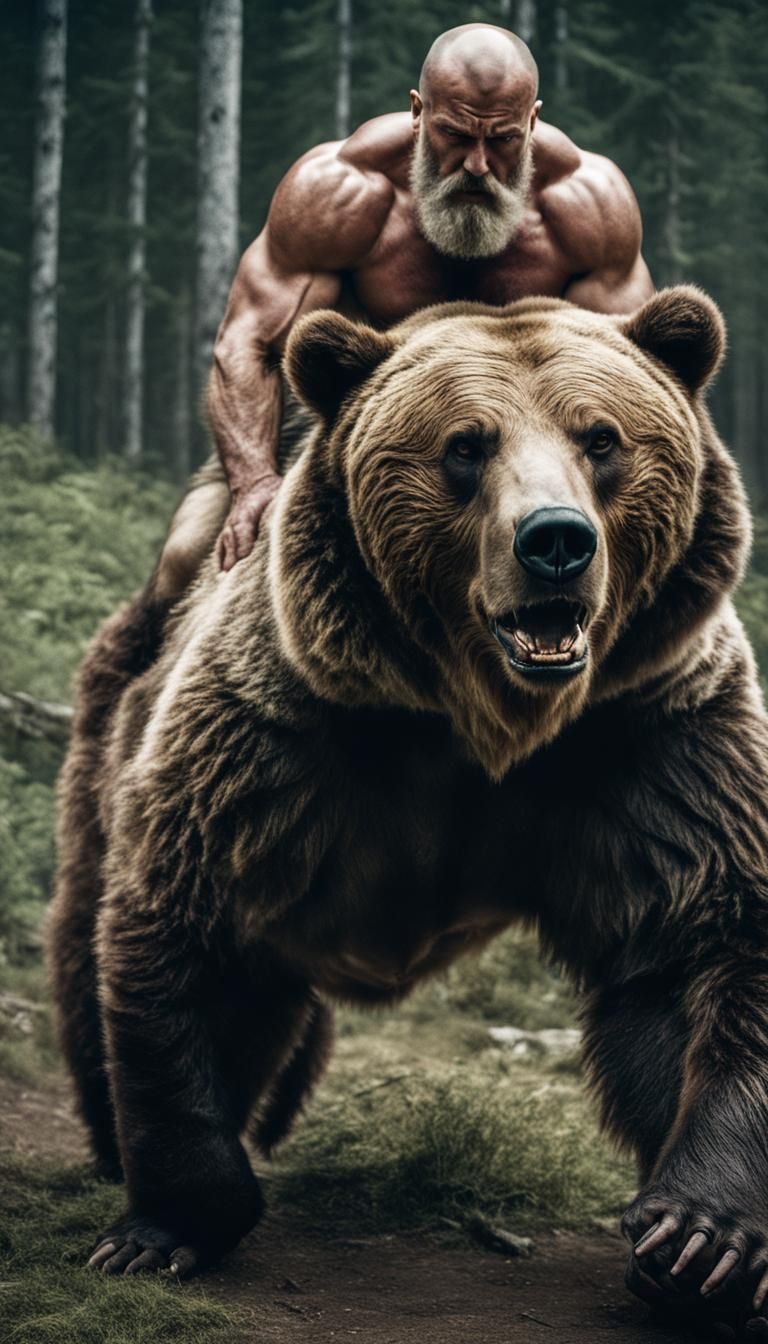 Hairy Man Dominating Grizzly Bear: Cinematic Film Still