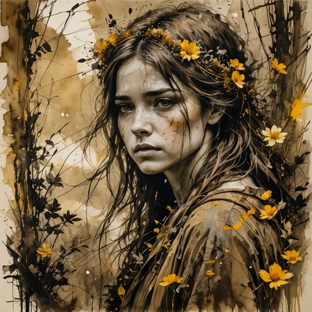 Sepia Portrait of Sad Woman in Lush Landscape