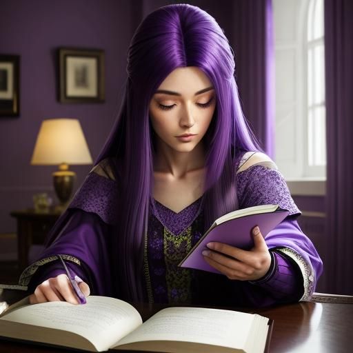 Hyperrealistic Girl with Purple Hair Studying at Home