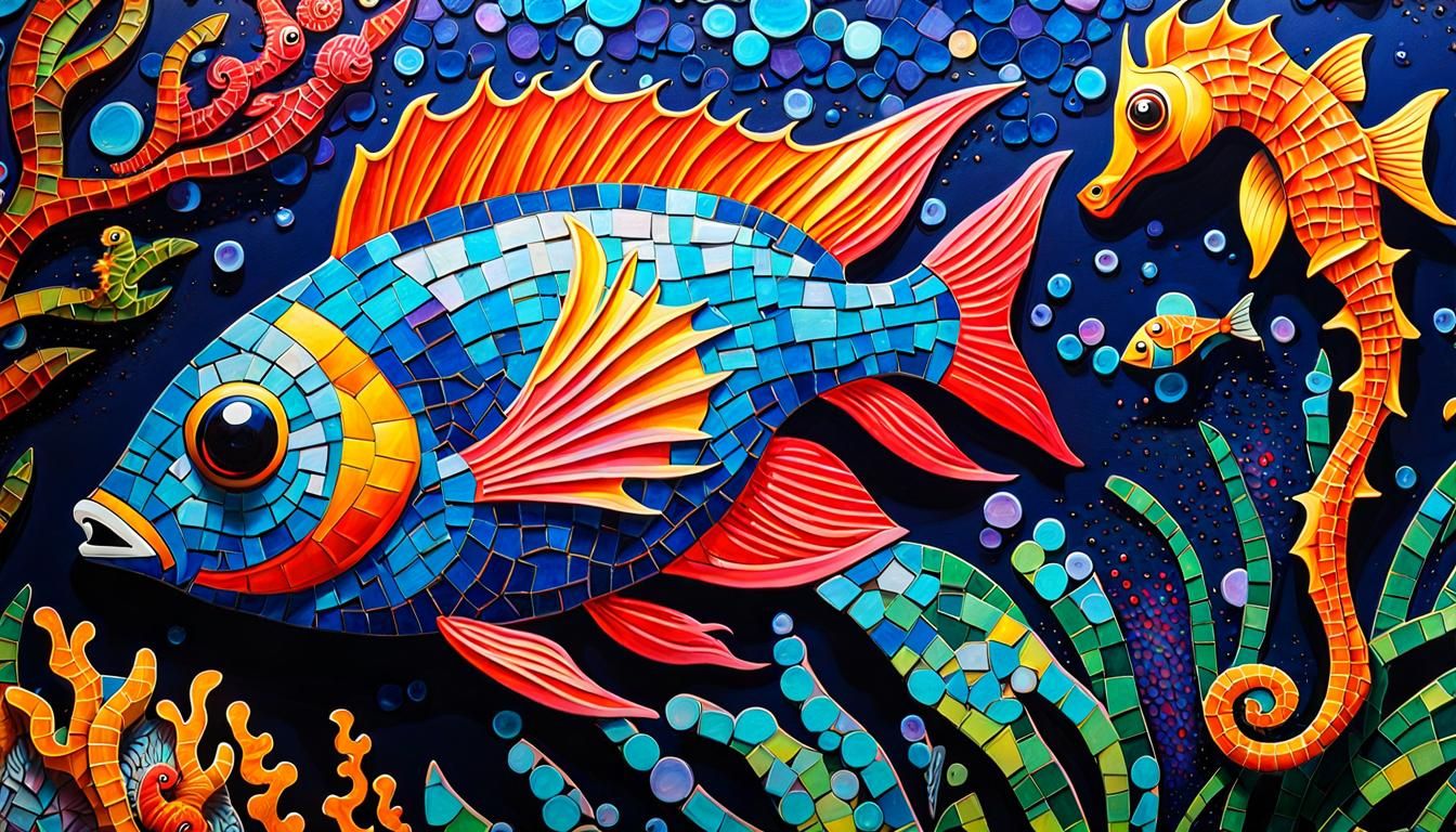 Neon Mosaic Fish and Seahorses in Wonderland