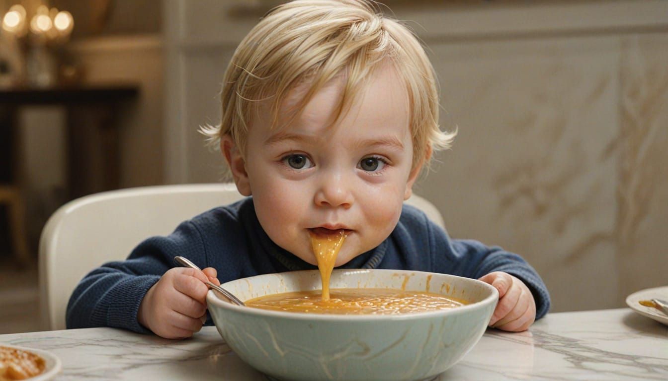 Toddler Boy Enjoying Soup: Photorealistic Oil Painting
