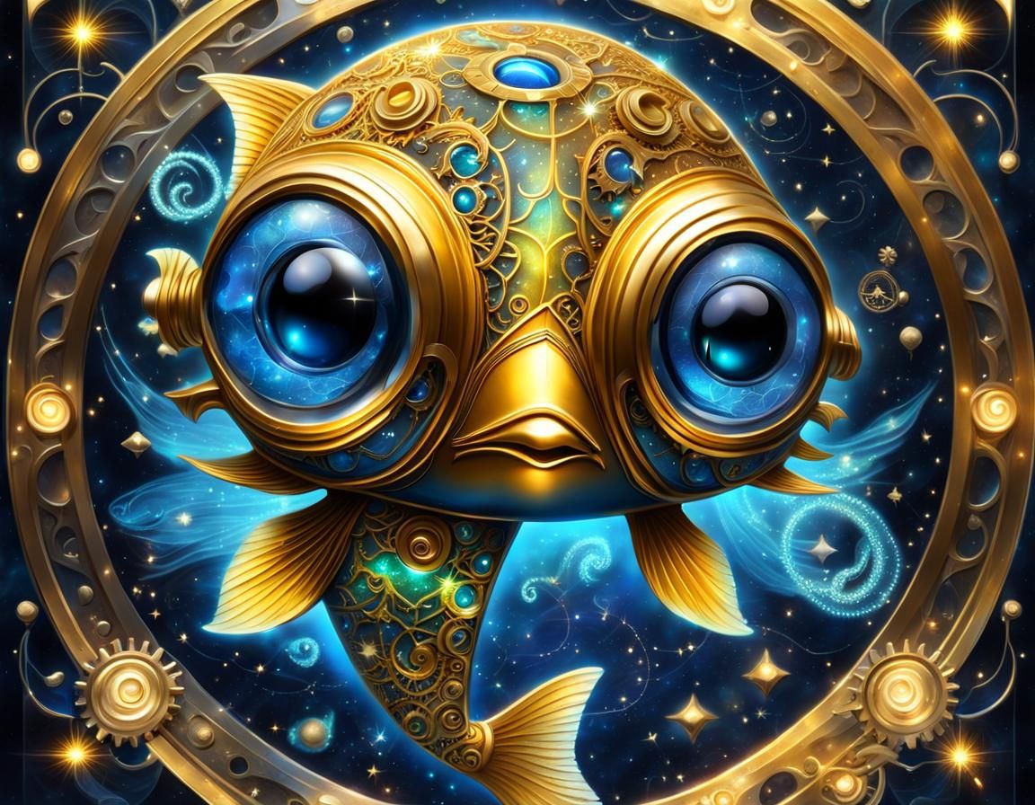Golden Steampunk Pisces in Cosmic Constellation