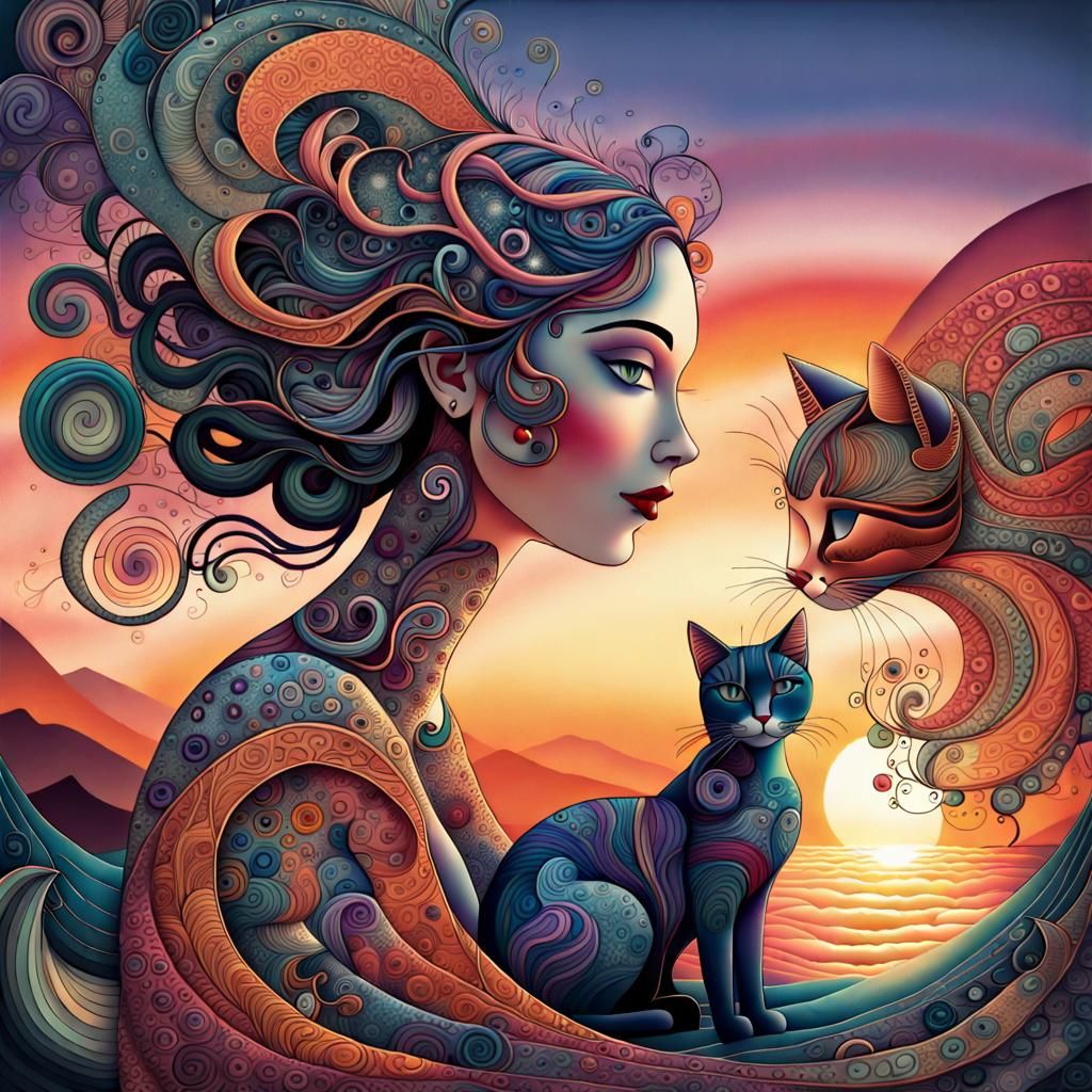 Dreamlike Woman and Cat-Woman in Art Brut Style