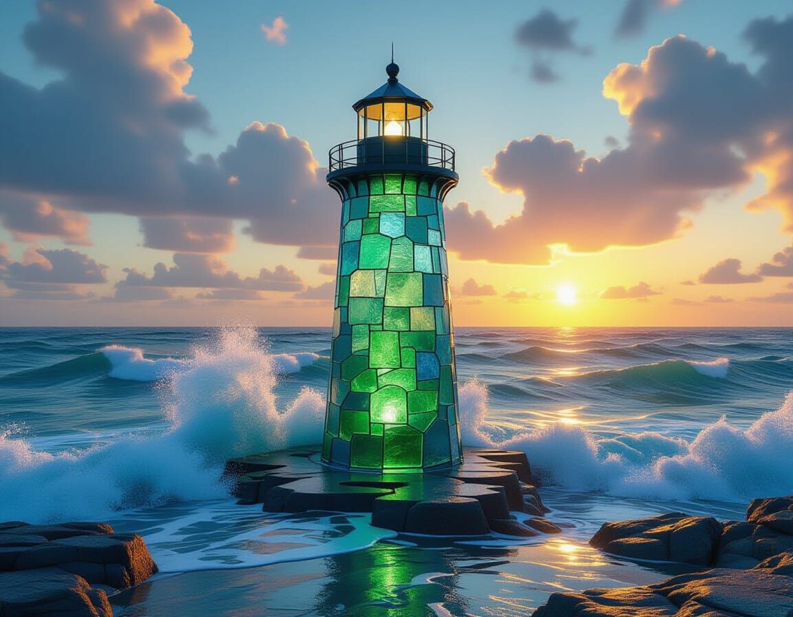 Sea Glass Lighthouse Casting Glow on Turbulent Ocean