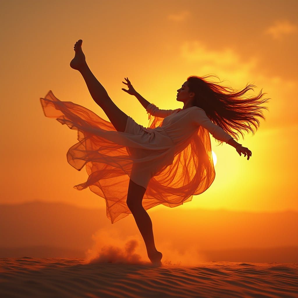 Woman's Spinning Kick at Desert Sunset, Digital Art