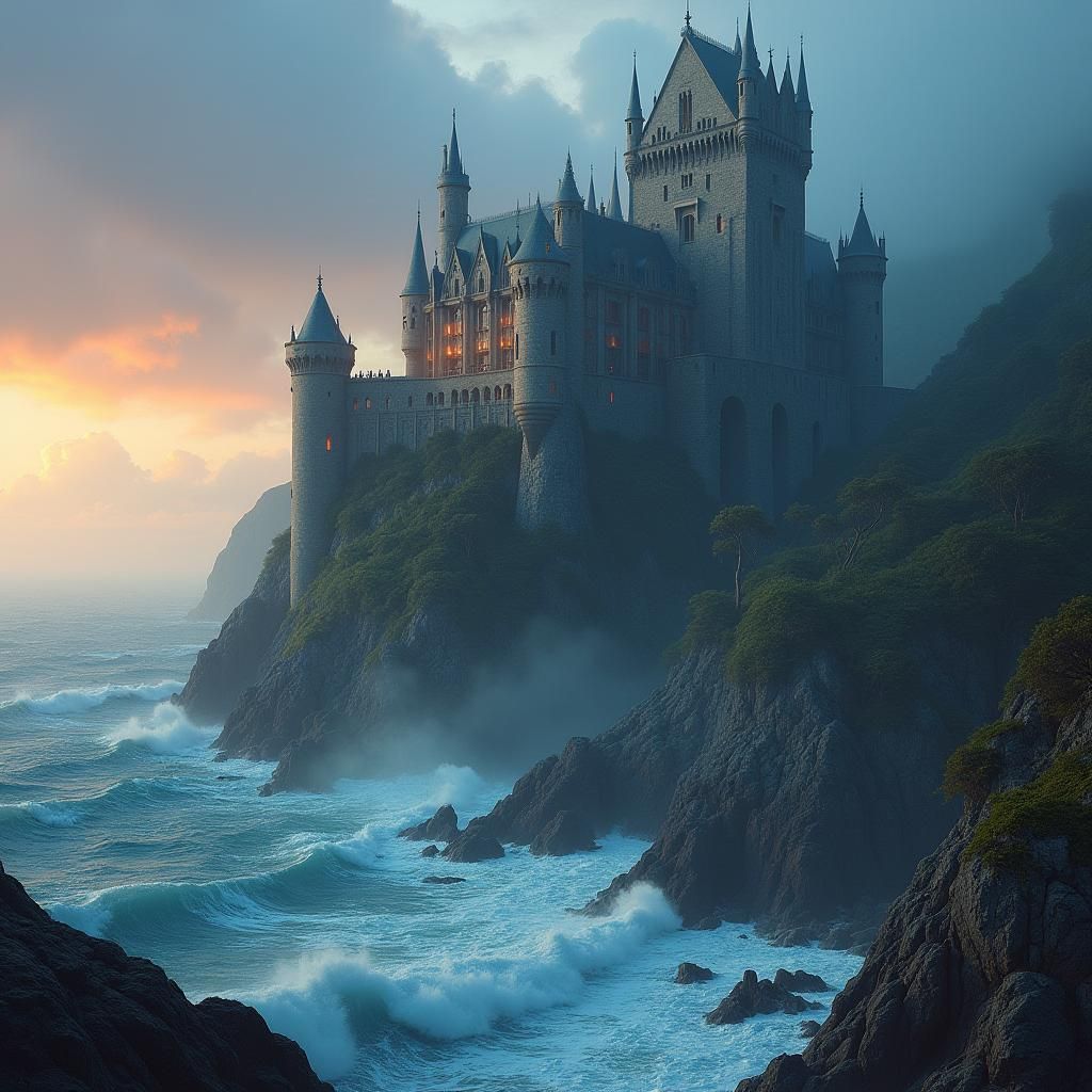 Cliffside Castle in Dramatic Sunset Landscape