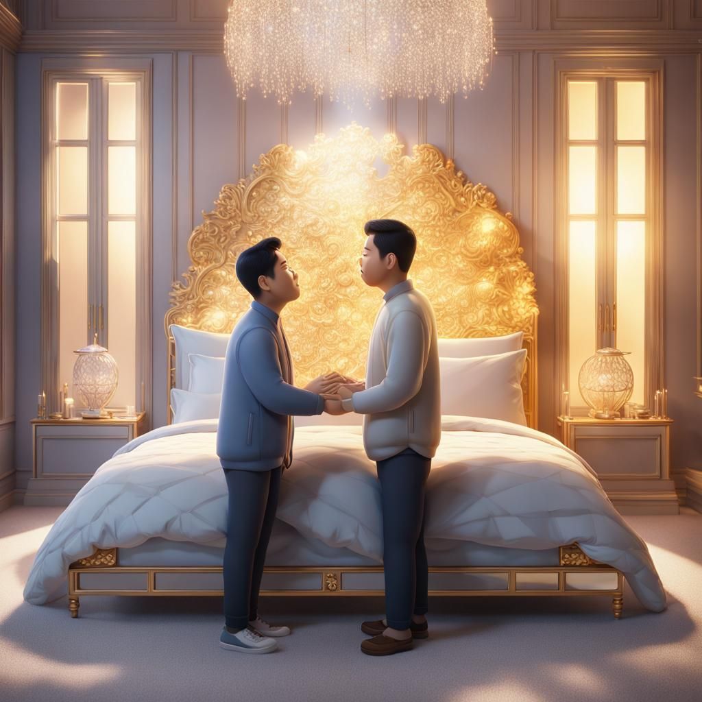 Two Asian Men Kissing: 3D Digital Art