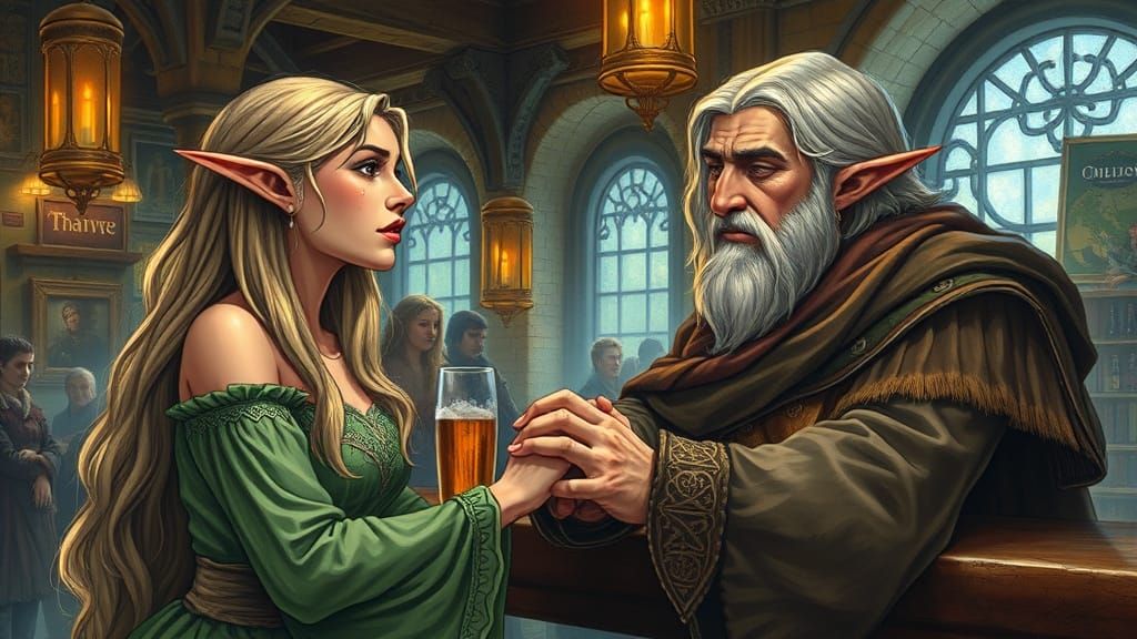 Ethereal Tavern Scene with Elves Lyanna and Thalion