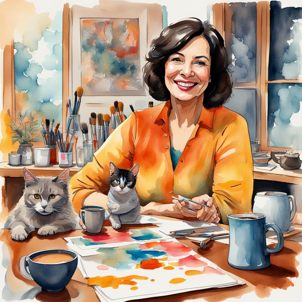 Smiling Artist in Studio: Watercolor Digital Art