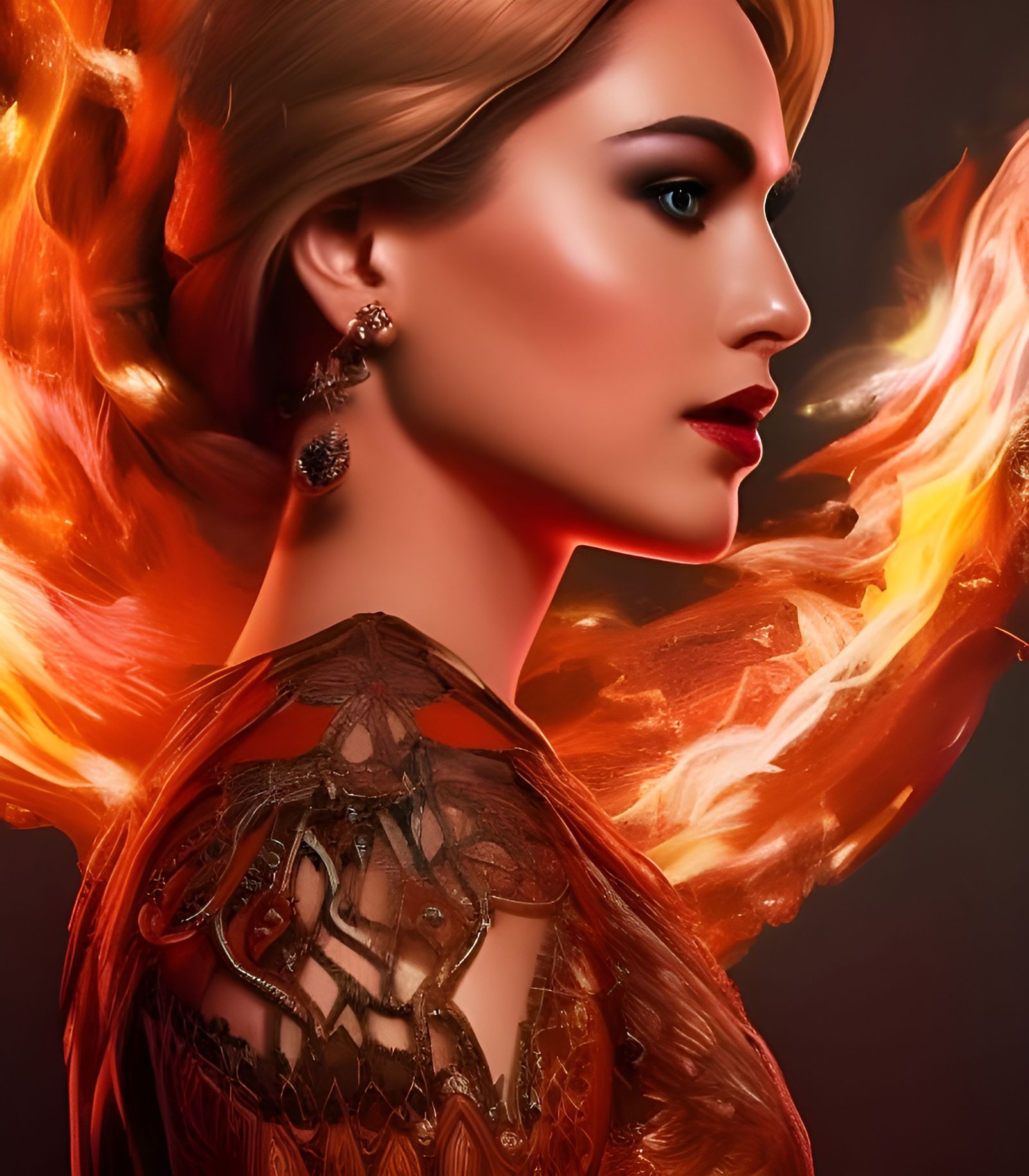 Jennifer Lawrence in Burning Red Dress: Hyperrealistic Illus...