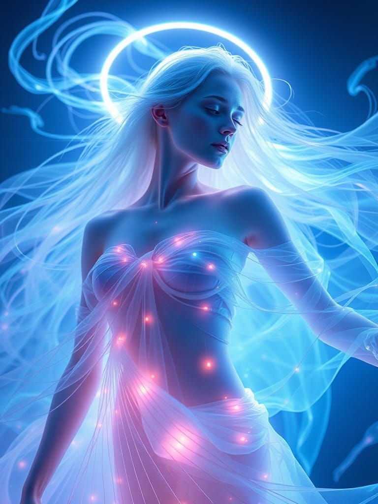 Ethereal Woman Aglow with Iridescent Bioluminescence