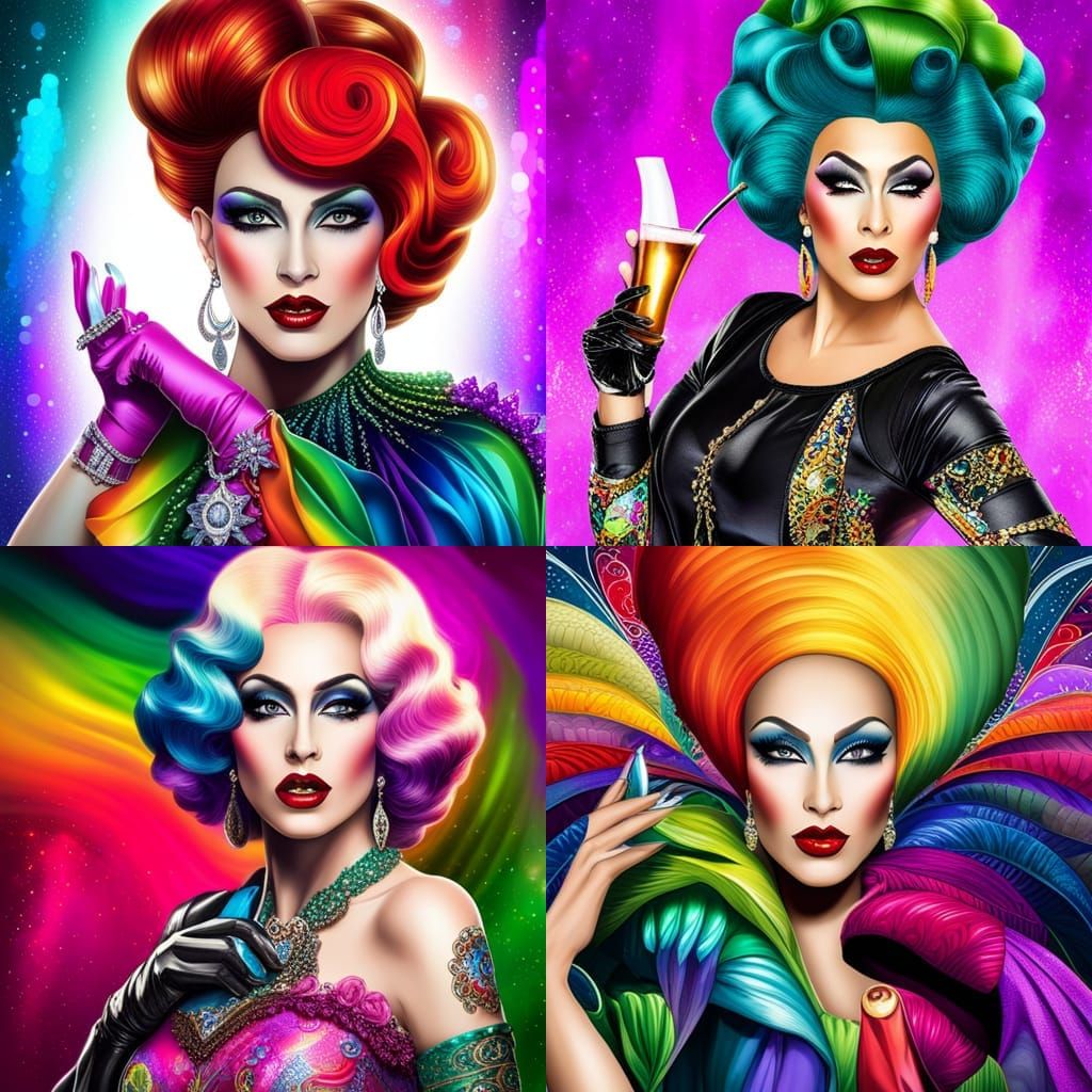 Rainbow Holographic Drag Queen in Alcohol Ink Style