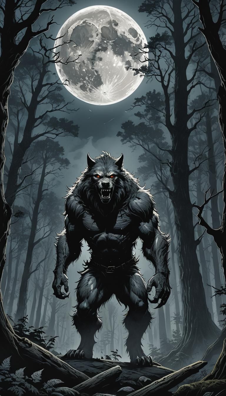 Werewolf in Forest Under Moonlight, Comic Book Art