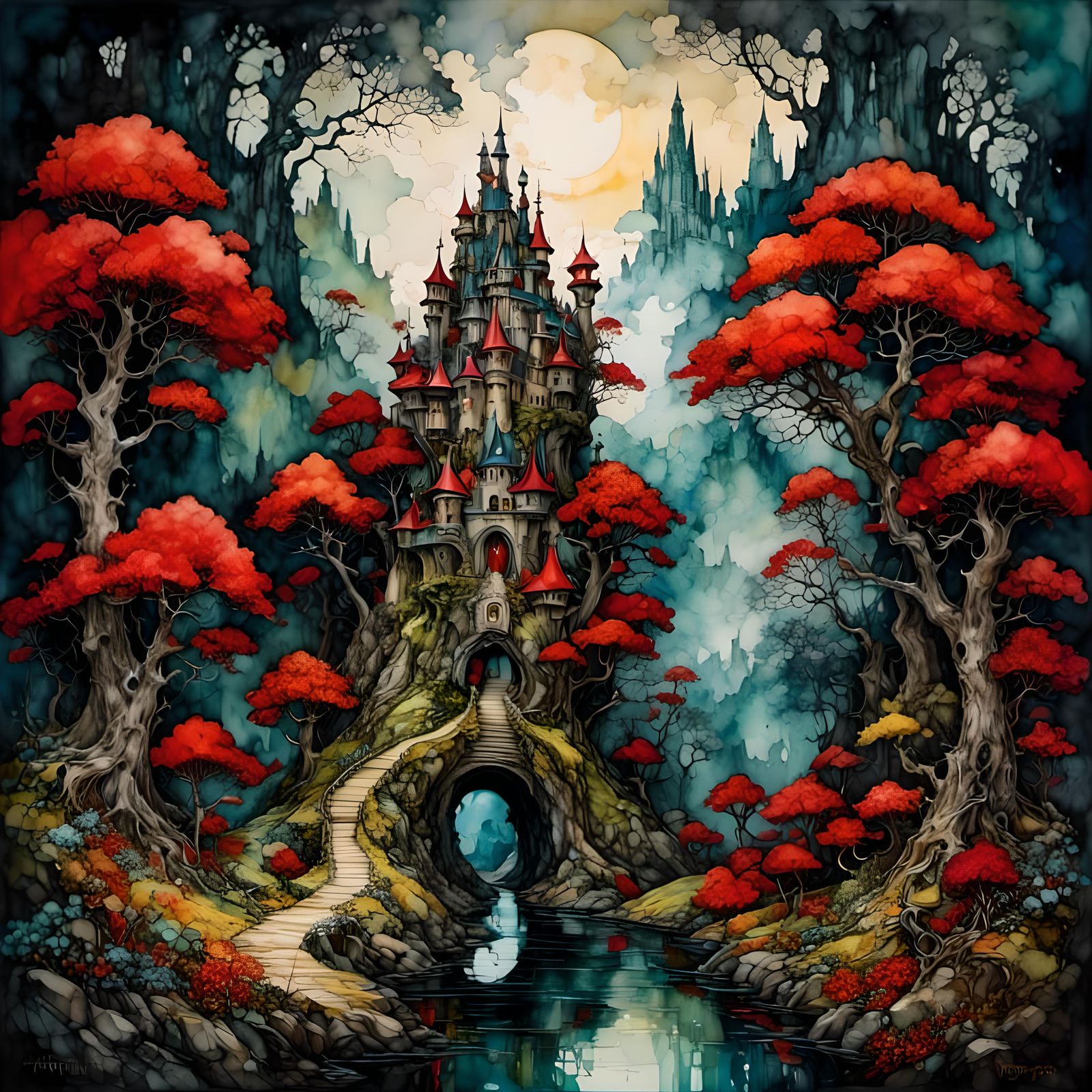 <lora:Pop Surrealism:1.0> Fantasy fairy forest,  intense color, arthur rackham, pino daeni <lora:Water-Ink-color:1.0> wo...