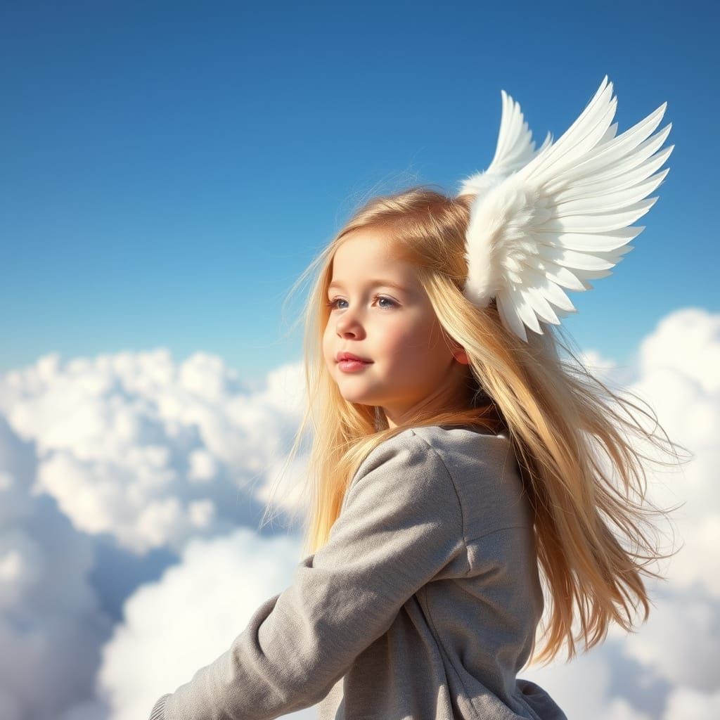 Little Angel Girl Soars with Delicate Wings in Pastel Paradi...