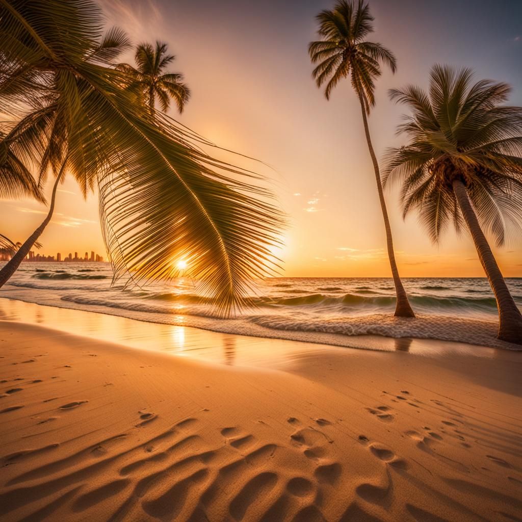 Serene Beach Sunset: Coastal Photography with Palm Trees