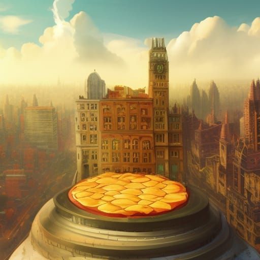 Melting Pizza Cityscape: Detailed Fantasy Art