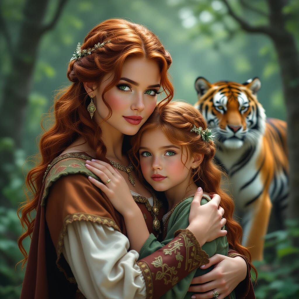 Medieval Woman with Child in Magical Forest, Cinematic Style
