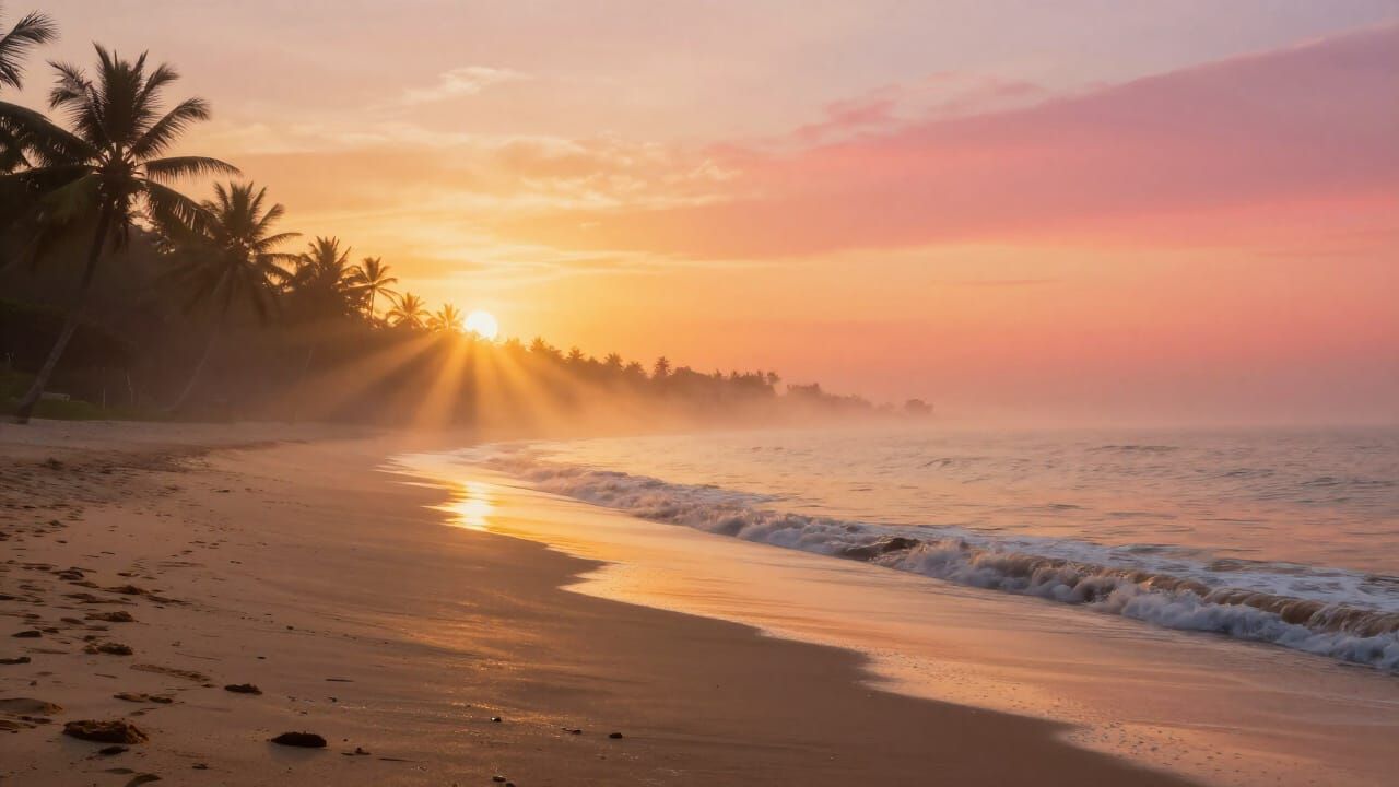 Golden Sunrise Over Tropical Beach in Ethereal Glow