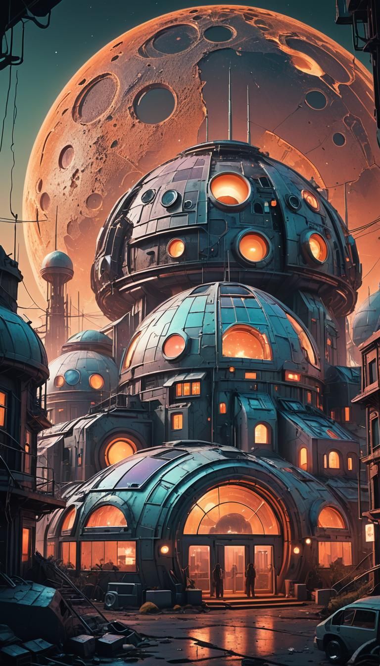 Retro-Futuristic Lunar Colony in Neon Digital Art