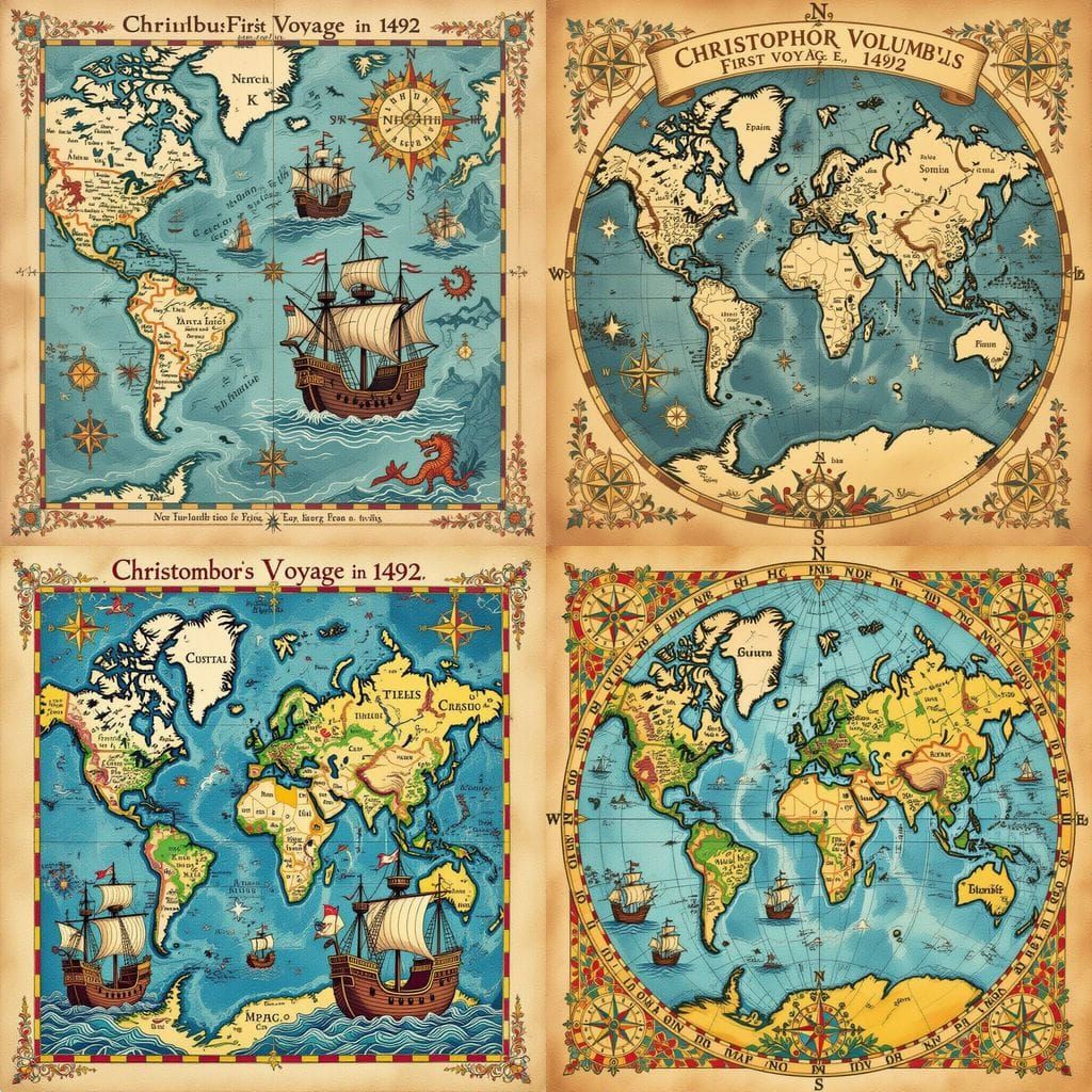 Illustrated Map of Columbus's First Voyage 1492