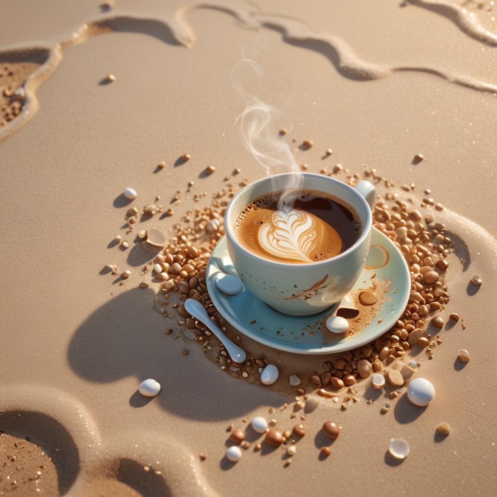 Steaming Coffee on Beach in Vibrant 3D Anime Art