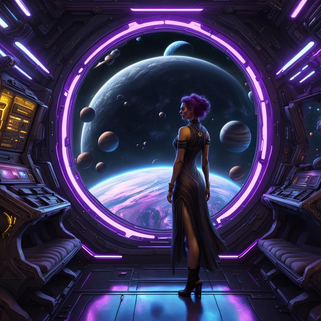 Gothic Woman Gazing at Neon Planets