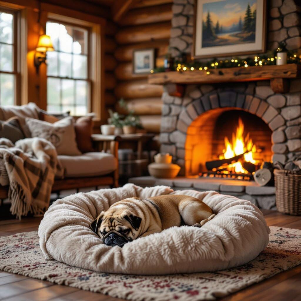Cozy Cabin Scene with Sleeping Pug, in Kinkade Style