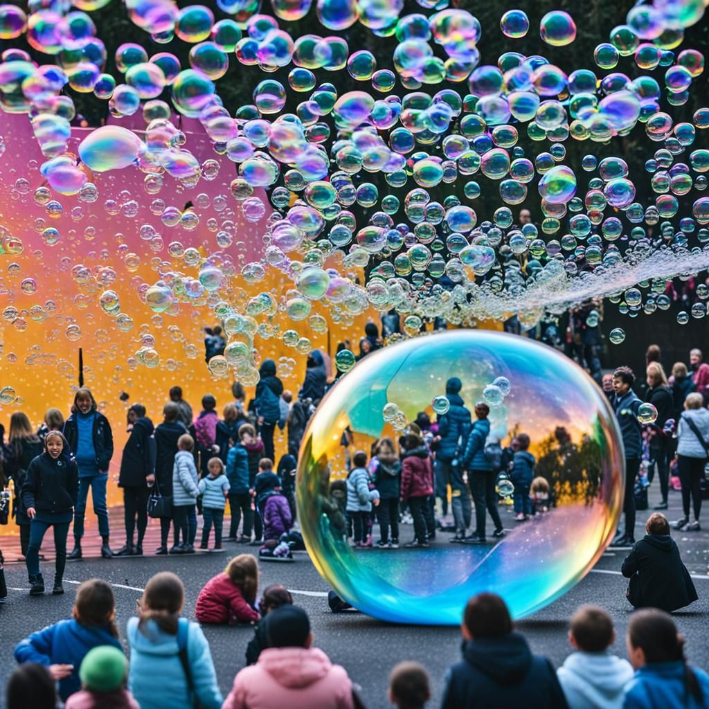 Iridescent Soap Bubbles with Tiny People
