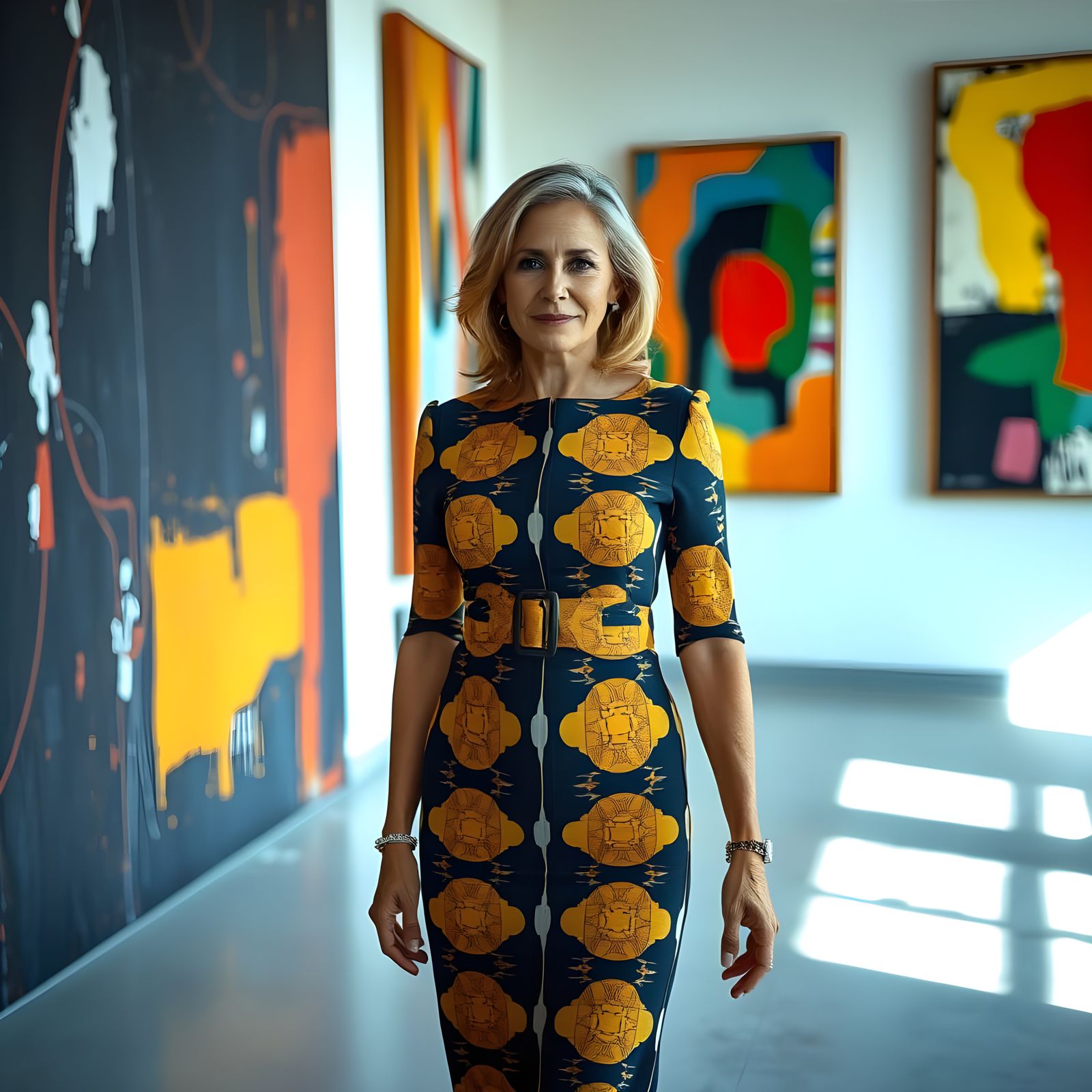 Venezuelan Woman Amidst Abstract Art in Modern Caracas Galle...