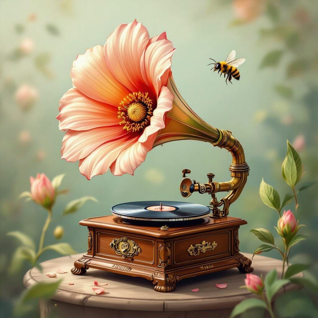 Whimsical Flower Gramophone with Hovering Bee