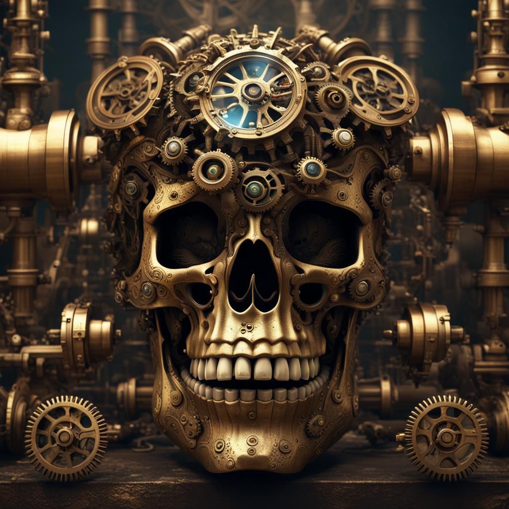 Steampunk Brass Skull with Gears in Detailed Painting
